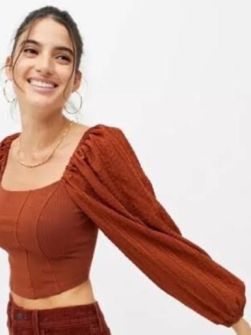 Urban Outfitters Rust Ribbed Square-Neck Puff Sleeve Crop Top
